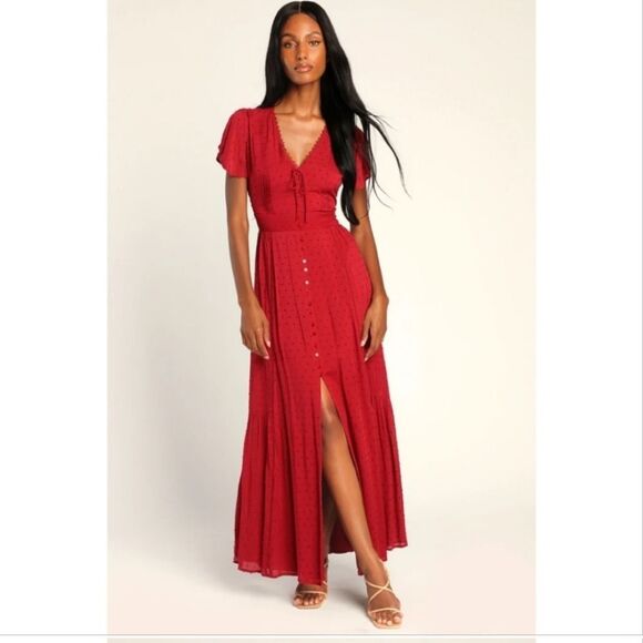 Lulus Completely In Love Wine Red Swiss Dot Button Front Maxi Dress XL - Picture 2 of 11